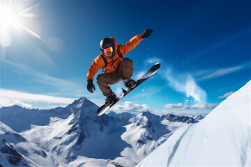 Fototapeta na wymiar man going down the slope on a Snowboard in mountains