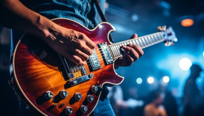 Obraz premium Music band performing on concert stage with guitarist, soft and blurred background concept