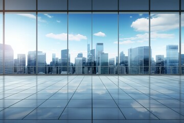 Modern empty office interior, Panoramic skyline and buildings from glass window