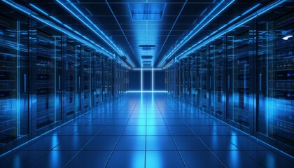 Captivating modern data center with organized server racks emitting mesmerizing blue glow
