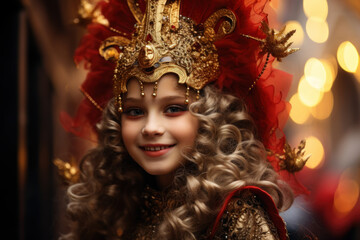 A young girl in a Venetian mask and costume, taking part in a children's Carnival event with enthusiasm. Generative Ai.