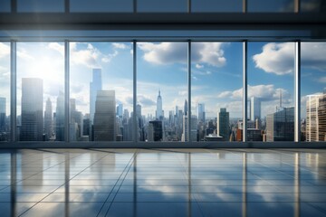 Modern empty office interior, Panoramic skyline and buildings from glass window