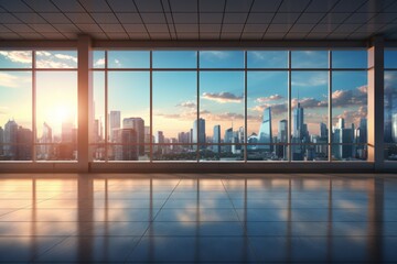 Modern empty office interior, Panoramic skyline and buildings from glass window