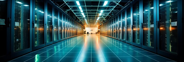 Futuristic data center with advanced server racks emitting a captivating soft blue glow