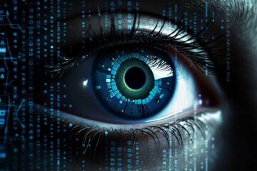 Close-up of eye with HUD display. Concepts of augmented reality and biometric iris recognition or visual acuity check-up. digital security - obrazy, fototapety, plakaty