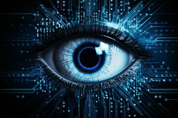 Close-up of eye with HUD display. Concepts of augmented reality and biometric iris recognition or visual acuity check-up. digital security