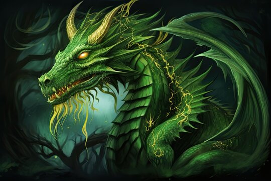 A picture of a green dragon with a yellow fire in the eye, it is in the forest.