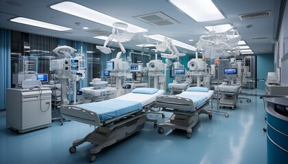 State of the art medical equipment and advanced devices in a contemporary operating room setting - obrazy, fototapety, plakaty