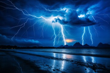 Powerful and dazzling lightning bolt illuminating the dark sky on the horizon of the sea