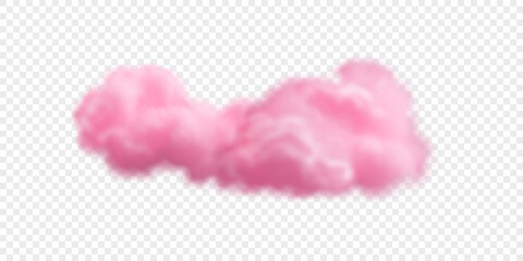 Pink fluffy cloud isolated on transparent backdrop. Cute bright sky cloud. Vector realistic icon - obrazy, fototapety, plakaty