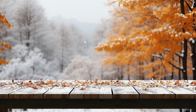 Snowy wooden table with forest backdropsunny day with fall foliage. 16k image for product placement.