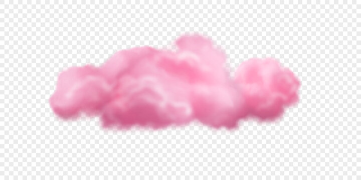 Big pink fluffy cloud. Vector design element. Realistic clouds isolated on white translucent backdrop