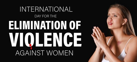 Banner for International day for the elimination of violence against women with scared young girl - obrazy, fototapety, plakaty