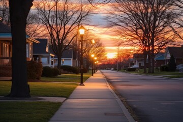 Fototapeta premium Suburban street is bathed in the glow of the afternoon sunset, with streetlights beginning to shine.