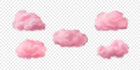 Set of 3d vector pink cotton clouds. Realistic clouds isolated on white translucent backdrop - obrazy, fototapety, plakaty