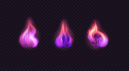 Set of vector sparkling flames. Realistic style. Glowing purple fireballs isolated on transparent background