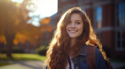 Portrait of a female college student with long brown hair smiling on campus