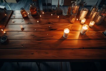 A wooden bench, empty and clean, is adorned with candles.
