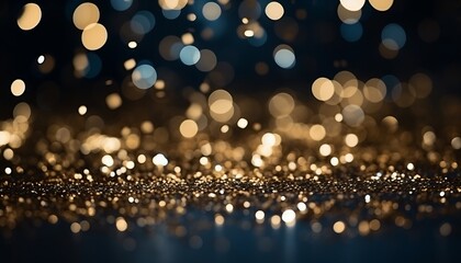 Fototapeta na wymiar Golden light shine particles on black and gold abstract background with bokeh on navy blue.