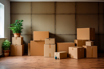 Empty living room half filled with packing crates and potted plants moving house moving into new house interior room design mockup