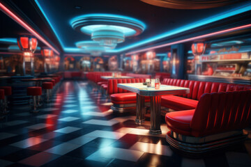 A retro diner with neon signs and checkerboard floors, capturing the spirit of the 1950s. Generative Ai.