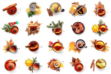 Set of hot mulled wine isolated on white, top view