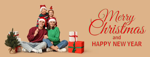 Greeting banner for Christmas and New Year with happy family
