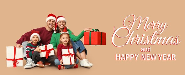 Greeting banner for Christmas and New Year with happy family and gifts