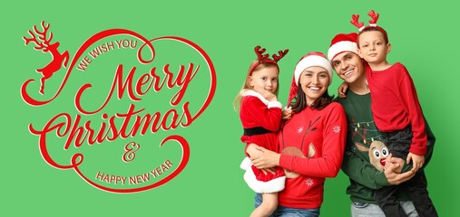 Greeting banner with happy family in Christmas clothes
