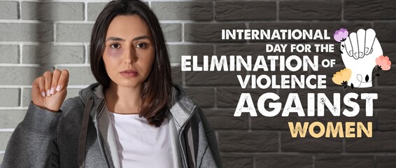 Banner for International day for the elimination of violence against women with scared young girl