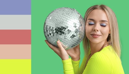 Beautiful young woman holding disco ball on green background. Different color patterns