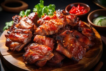 Close up of succulent sliced barbecue pork ribs with tender meat, perfect for a delicious bbq feast