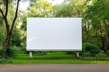 Blank billboard white screen side road in city. ad mockup copy space for advertising banner near park in metropolis.