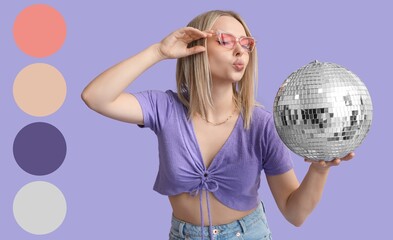 Beautiful young woman with disco ball on lilac background. Different color patterns