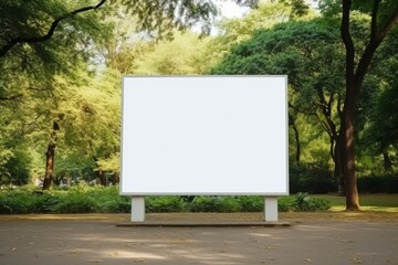 Fototapeta premium Blank billboard white screen side road in city. ad mockup copy space for advertising banner near park in metropolis.