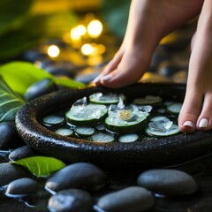 In a luxurious spa treatment with bare feet resting on hot stones and cucumber slices nestled between the toes.