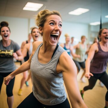 The joyous atmosphere of a fitness dance class with ladies sporting big smiles.
