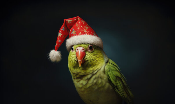 perruche ou perroquet avec un bonnet de Noël sur la tête
