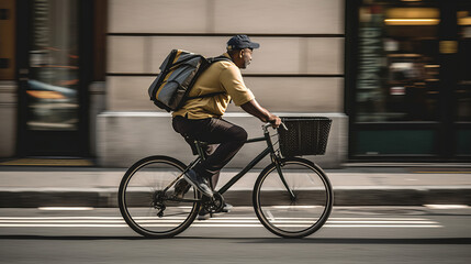 Delivery Man Riding Bike. Male cyclist riding in the city. Delivery man riding bike delivering food and drink in town outdoors on stylish bicycle with backpack. Delivery concept. Food concept. Cycling