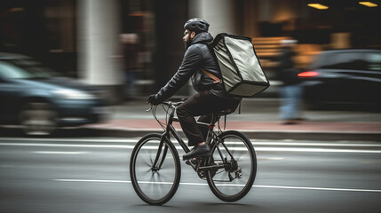 Delivery Man Riding Bike. Male cyclist riding in the city. Delivery man riding bike delivering food and drink in town outdoors on stylish bicycle with backpack. Delivery concept. Food concept. Cycling - obrazy, fototapety, plakaty