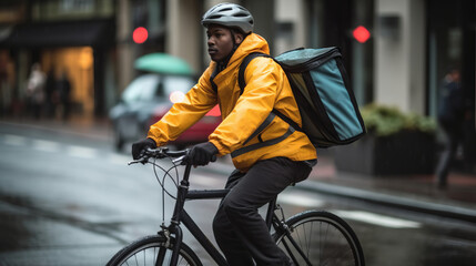 Delivery Man Riding Bike. Male cyclist riding in the city. Delivery man riding bike delivering food...