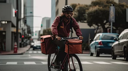 Poster Delivery Man Riding Bike. Male cyclist riding in the city. Delivery man riding bike delivering food and drink in town outdoors on stylish bicycle with backpack. Delivery concept. Food concept. Cycling © IC Production