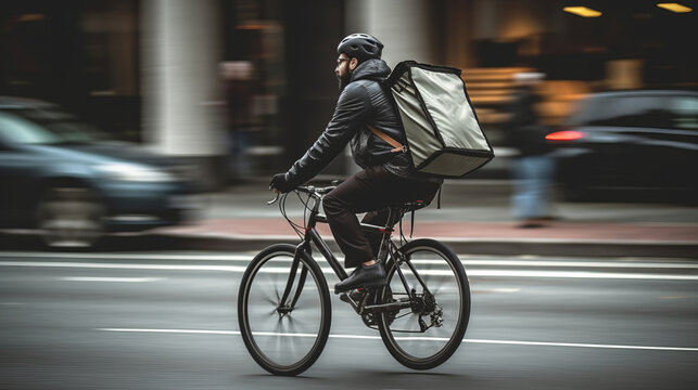 Delivery Man Riding Bike. Male cyclist riding in the city. Delivery man riding bike delivering food and drink in town outdoors on stylish bicycle with backpack. Delivery concept. Food concept. Cycling