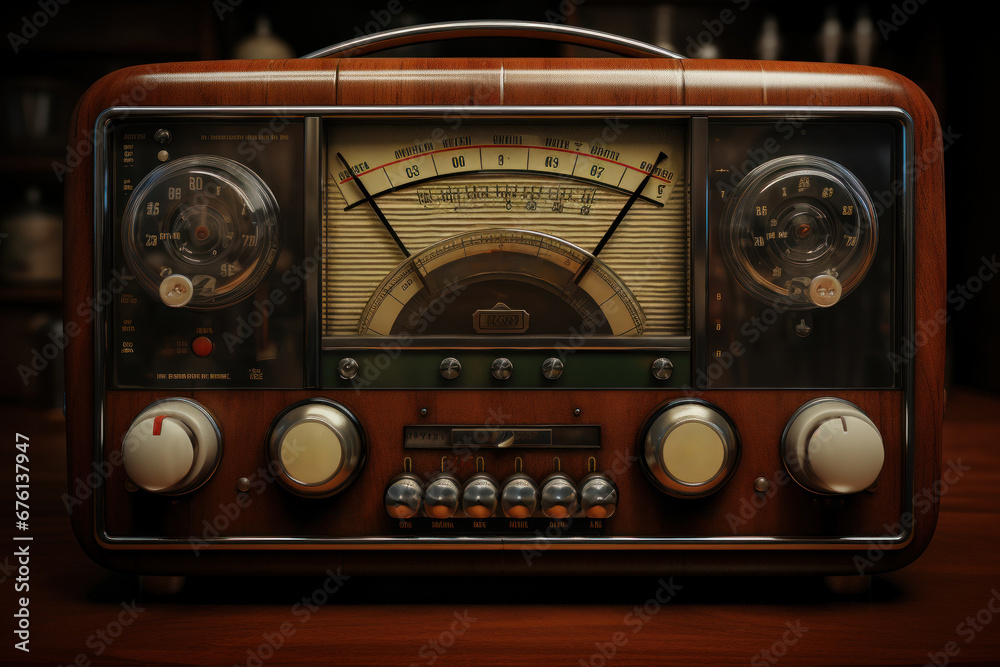 Poster A retro radio with dials and buttons, a source of news and entertainment in days gone by. Generative Ai.