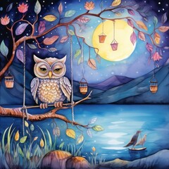 Witness an owl on a tree surrounded by hanging toys.