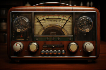 A retro radio with dials and buttons, a source of news and entertainment in days gone by....