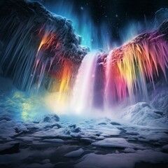 A rainbow waterfall surrounded by heavy snow, with delicate snowflakes and cascading water.