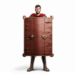 The timeless portrayal of a Roman soldier with an imposing rectangular shield in hand against a pure white canvas.
