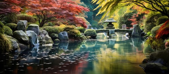 In the tranquil Japanese garden the abstract pattern of colorful leaves highlighted by the soft autumn light creates a mesmerizing background of nature s textures and vibrant colors harmoni