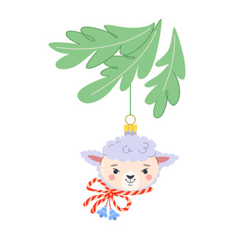 Christmas tree toy on string in shape of sheep's head with bow and bells. Cute vector illustration on white isolated background in cartoon style.